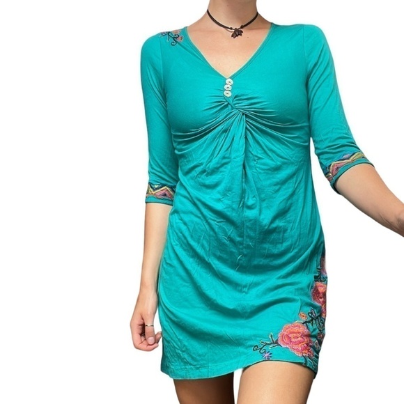 Johnny Was Joy Love Light 1/2 Sleeve Floral Embroidered Twist Front Mini Dress S - Picture 1 of 11